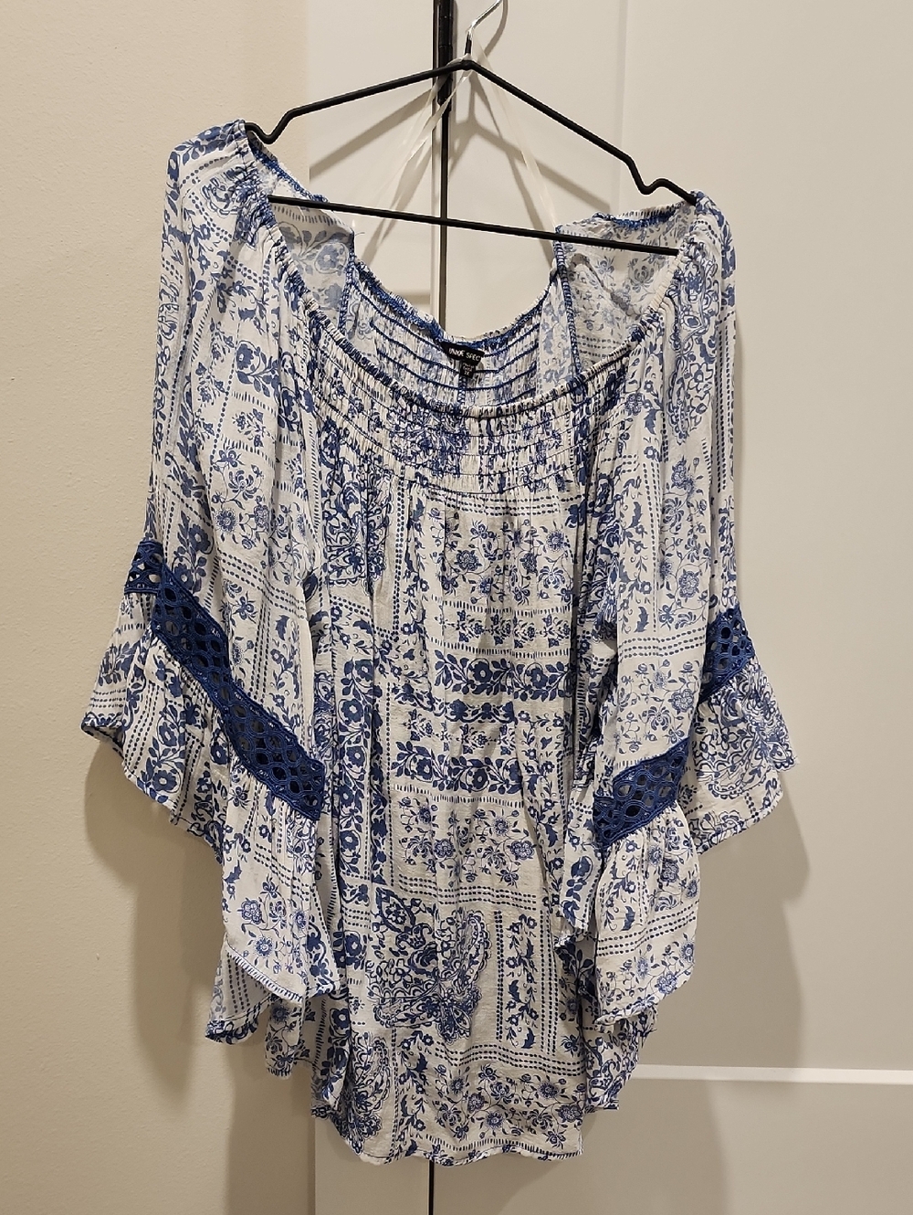 Boho Blue Floral Peasant Top - Unbranded